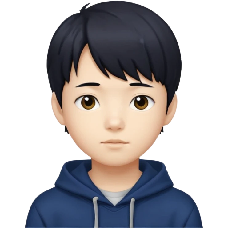 스트레이키즈 필릭스를 닮은 흑발에 앞머리를 덮은 잘생긴 14세 한국소년/ 옷 색깔은 남색 후드티 emoji