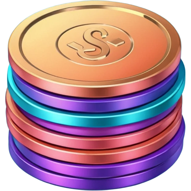 Many Coins pack stack
in gradient of turquoise, blue, pink, purple, and coral
 emoji