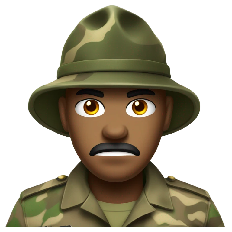 drill sergeant character wearing a classic sergeant hat and a camouflage army shirt. The character should have an angry intense expression. full torso emoji