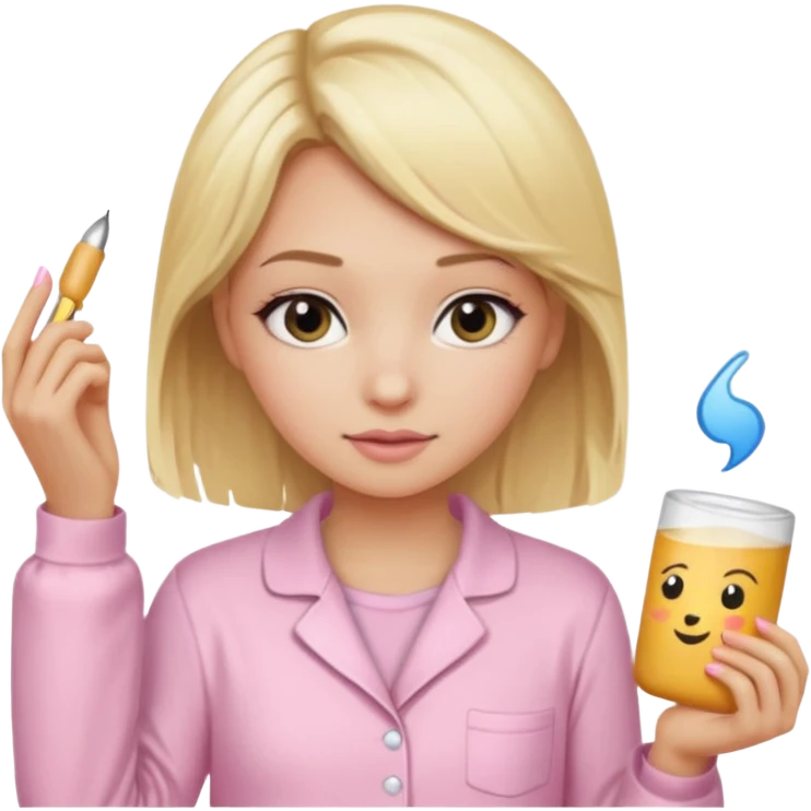 Girl with blonde hair makeup on and in light pink pj's  emoji