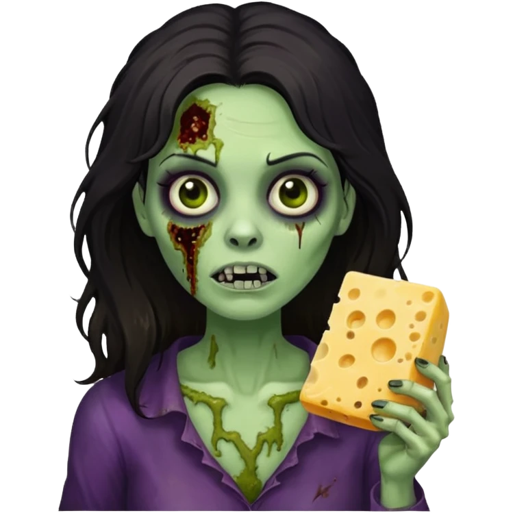 dark haired woman zombie holding moldy cheese piece emoji