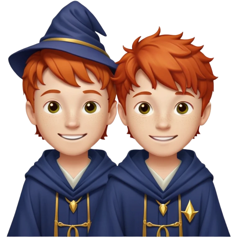 Two identical redheaded teenage boys with mischievous grins, freckles, and wizard robes emoji