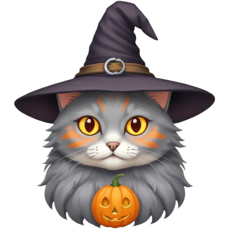 Grey cat with orange eyes with witch hat emoji