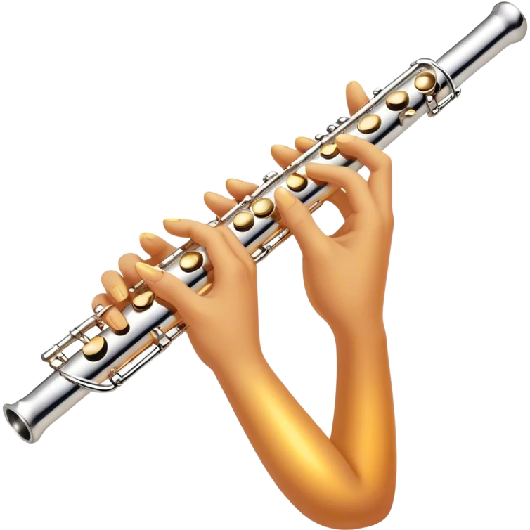 Cinematic Realistic Flute, polished silver metal with precise keywork, warm golden reflections dancing along its surface, soft hands carefully positioned over the keys, glowing with an elegant and airy charm. emoji