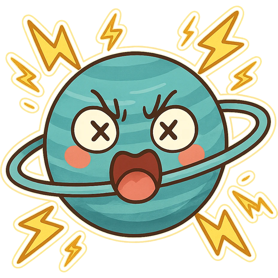 Uranus emoji with a face, blue-green planet, lightning bolts around it, wild and chaotic expression, representing unpredictability and transformation emoji