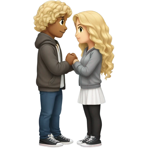 Make a kissing couple, a boy with wavy blonde hair having a middle part, wearing a grey hoodie and a girl with dark brown wavy hair wearing a white top with laces emoji