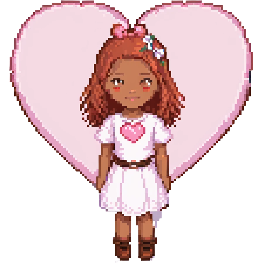 pixel art of a pink heart with a girl with red hair, brown eyes, brown skin standing in front of the heart emoji