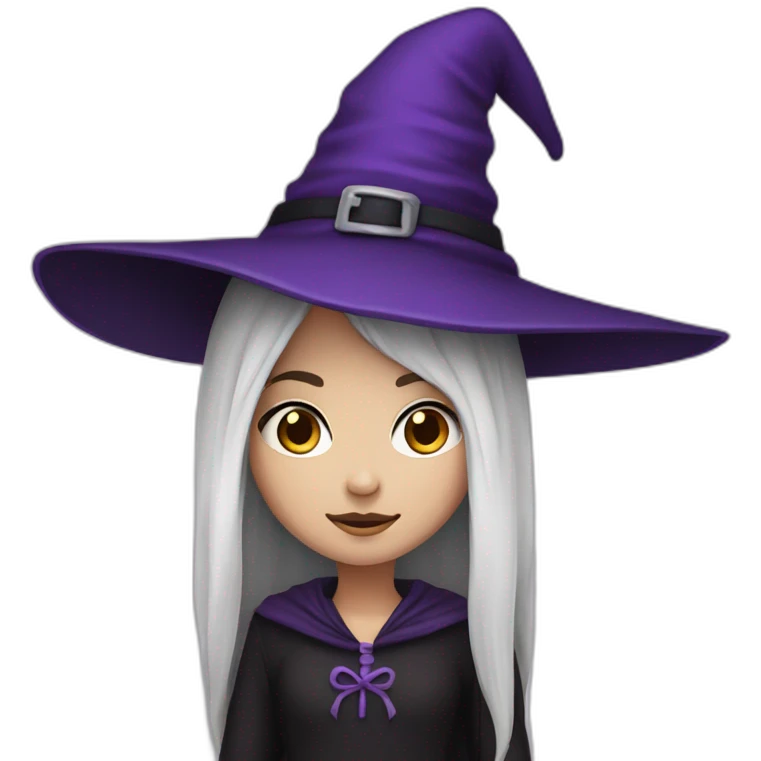 a young white brown thin girl with straight black hair dressed as a witch with purple hat emoji