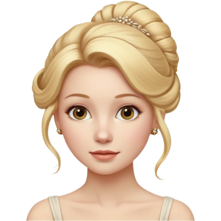 Cinematic Realistic Rococo Portrait, depicted with lifelike skin texture, subtle rosy undertones, and soft natural lighting that enhances the gentle contours of her face. Her intricately detailed golden blonde hair is elegantly styled in an updo, emoji