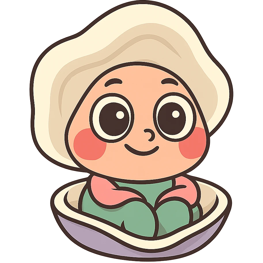 Add large doe eyes to the cute oyster, keep the benevolent and assertive expression, very red cheeks, in pastel toon style with cream, peach, and greige colors, transparent background. emoji
