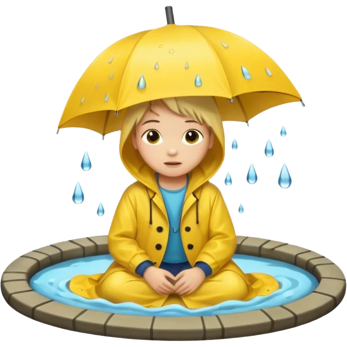 Enfant a caouet jaune coucher devant un égout et il pleut emoji