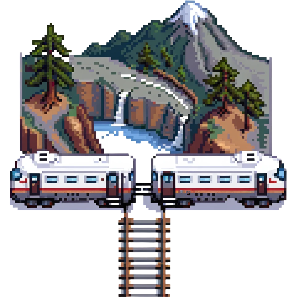Amtrak train with tracks and a bit of scenery in pixel art style emoji