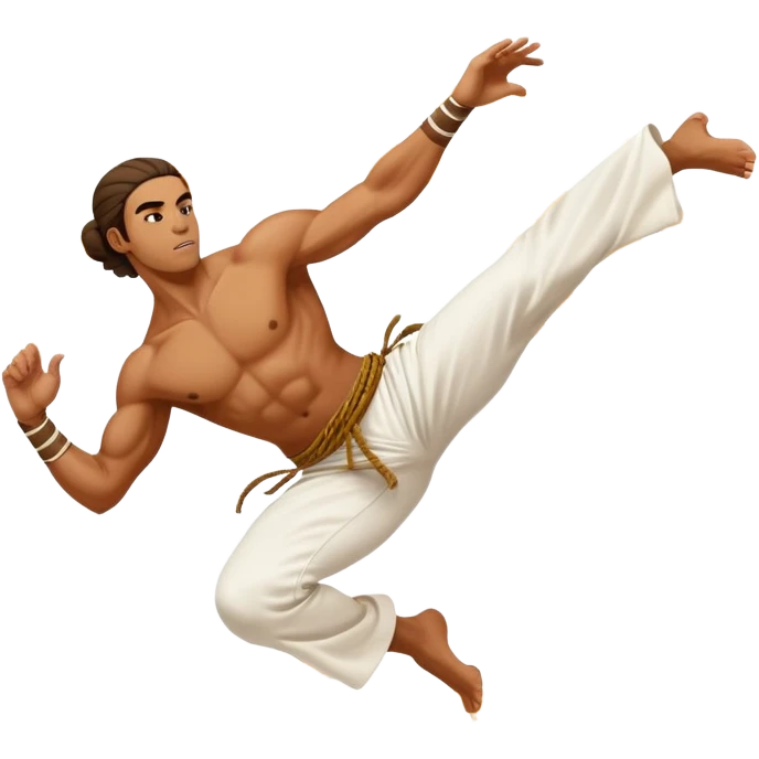 A capoeira fighter in mid-air performing a spinning kick, wearing traditional white capoeira pants and a cord, vibrant and flowing pose, surrounded by motion swirls emoji