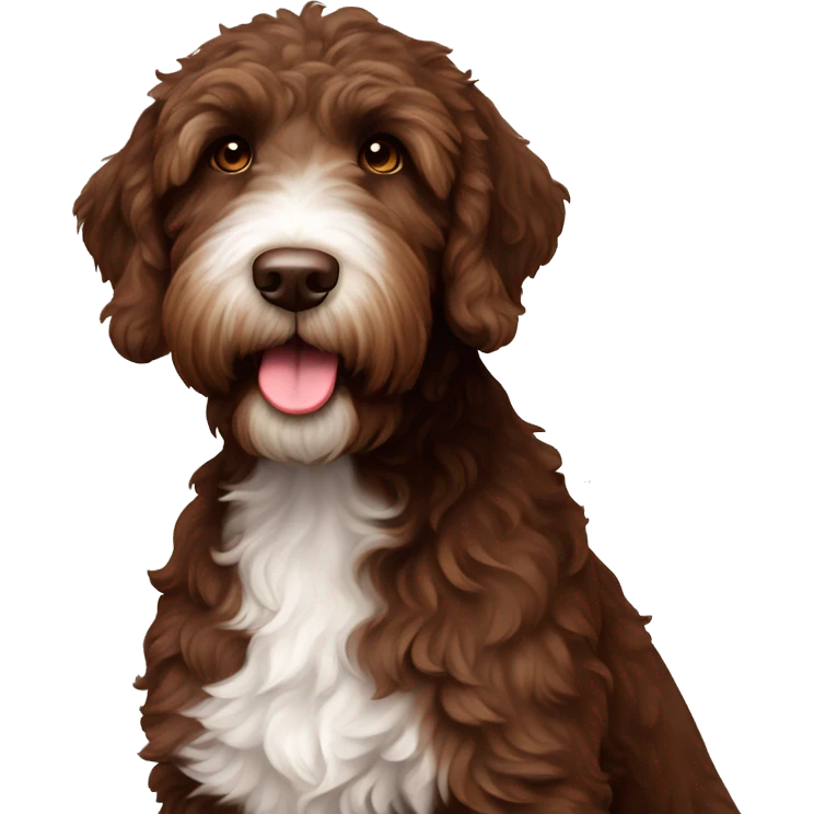 Chocolate labradoodle with a white patch on her chest  emoji