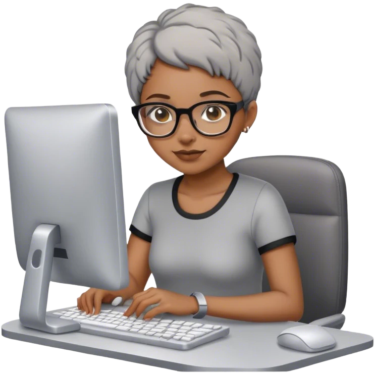 Light skinned Black girl with glasses short natural gray haircut working on computer emoji