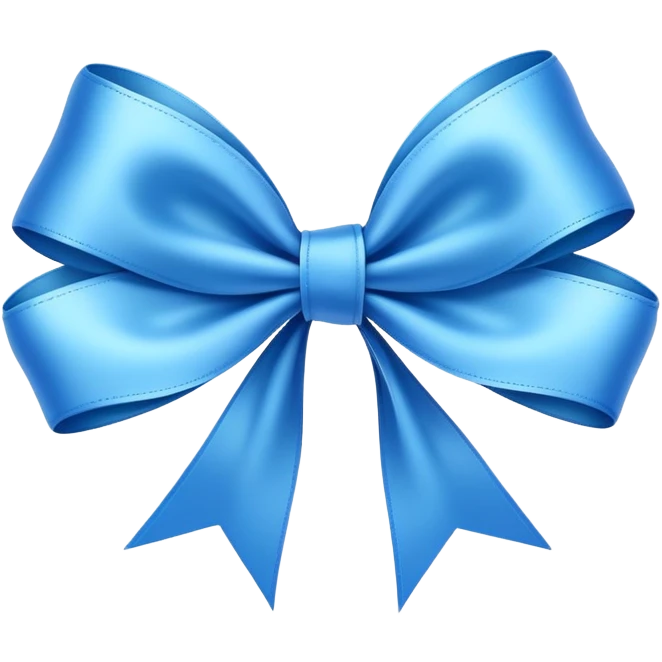 A beautifully tied blue ribbon bow, highly detailed, with a silky and elegant texture, set against a clean, minimalistic background. The ribbon has a soft shine, reflecting light gently, giving it a luxurious and realistic appearance. The bow is symmetrical and well-crafted, with smooth curves and flowing tails emoji