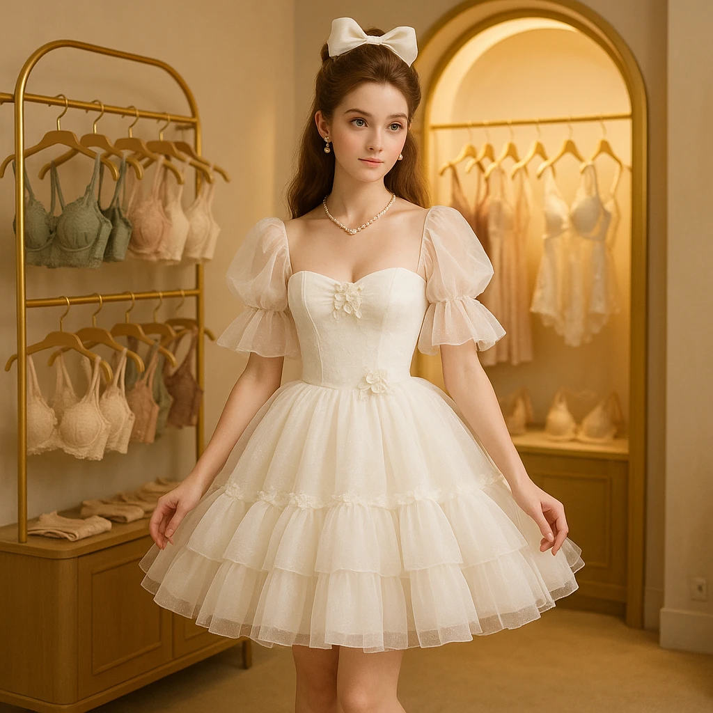 A princess-like woman with sweet features, long hair, high forehead, princess updo with bow, half-draped, wearing a white suspender puffy tulle Lolita dress, puff sleeves, tube top, layered tulle skirt, floral accents, pearl necklace and earrings, white lace-up high heels, in a boutique with exquisite lingerie, golden arch decor, soft lighting, 8k, high definition, full body, long shot, 1:1 ratio, alternate angle. emoji