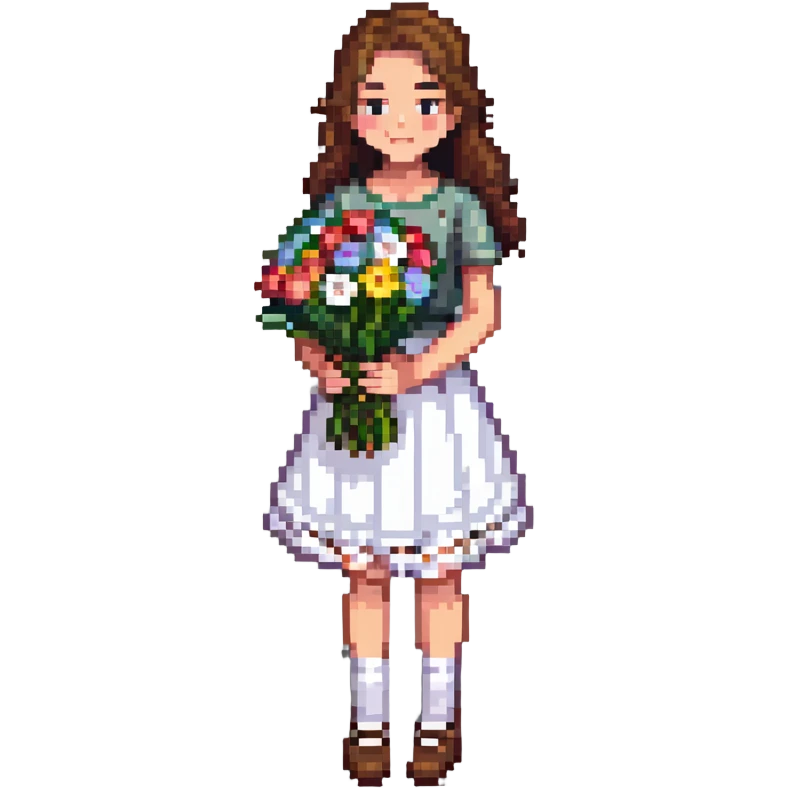 girl with brown hair wearing a white skirt holding a bouquet of flowers emoji