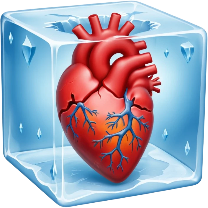 A highly detailed, realistic human heart frozen solid inside a transparent cube of ice, with visible cracks, frost, and cold mist surrounding it, dramatic lighting, dark background emoji