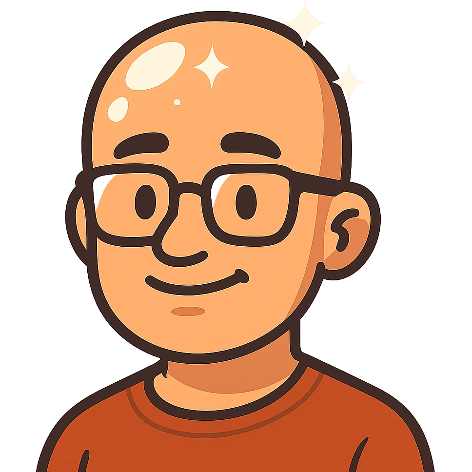 flat toon style bald man with glasses, head shining with exaggerated highlights emoji
