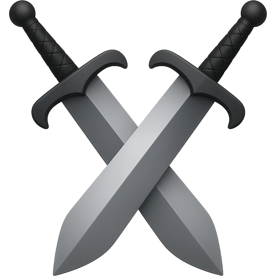 Create dual swords similar to the reference image but with black and grayish colors. The swords should be pointing upward and be wider. Add a subtle gradient to the blades. The style should emulate emoji style with concise details. emoji