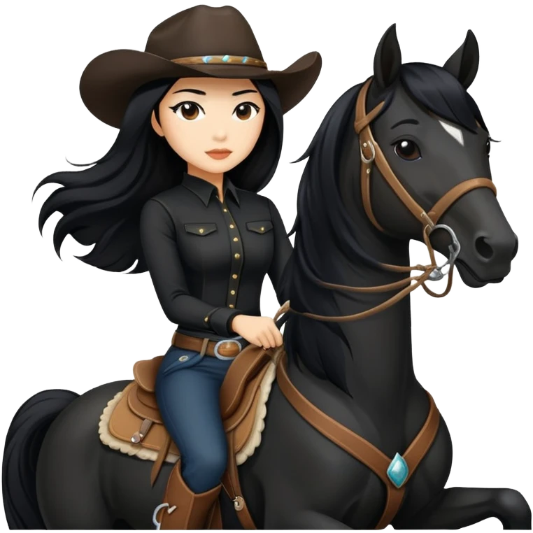 confident Asian woman with long black hair wearing black outfit riding a horse cowgirl style emoji