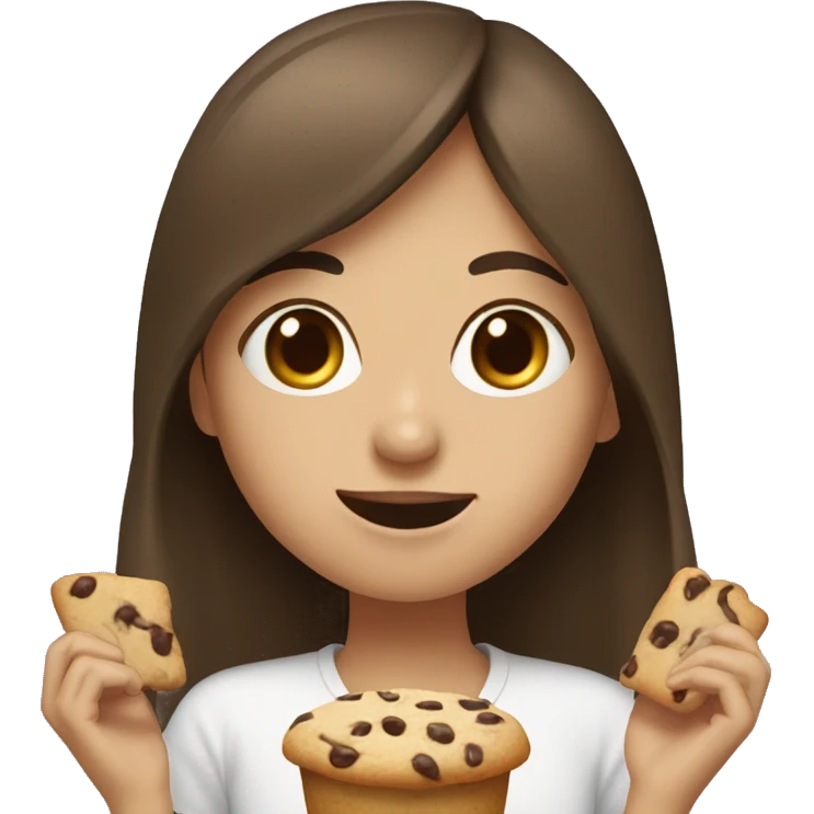Girl with long brown hair and wispy bangs eating cookie dough  emoji