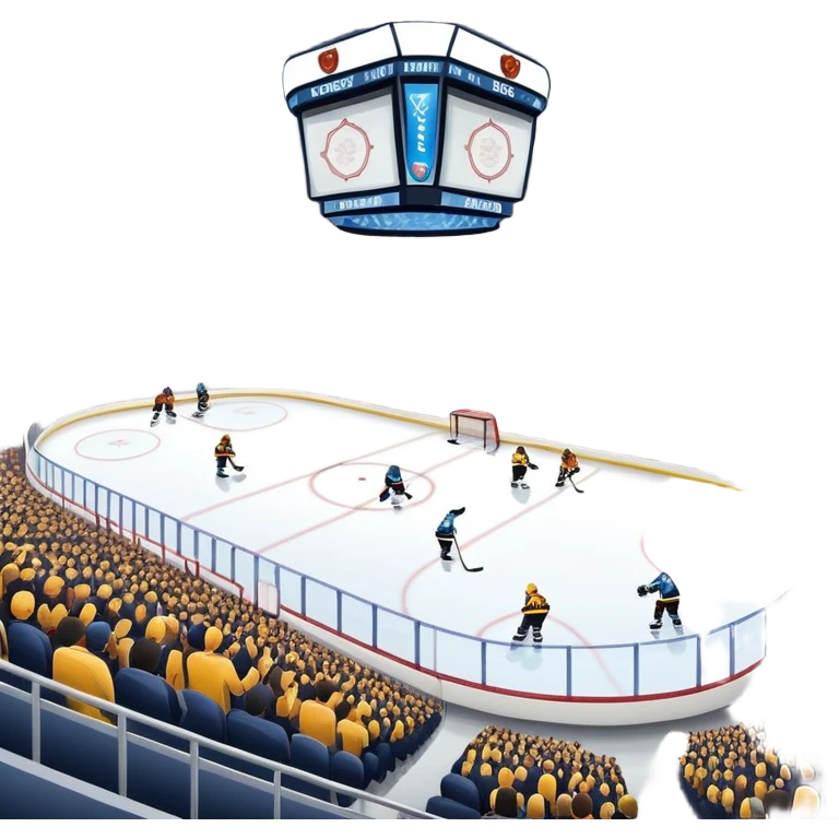 Please, make An icon featuring The background shows a packed stadium with cheering fans, bright arena lights, and an icy rink and close-up shots of key hockey equipment: a hockey stick, puck, and skates. Transparent background highlights the essentials of the game and the thrill of the sport. emoji