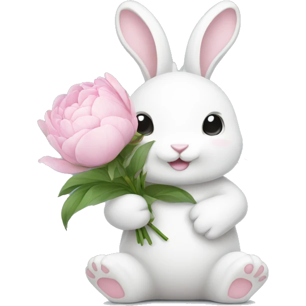 cute white bunny holding light pink peonies emoji