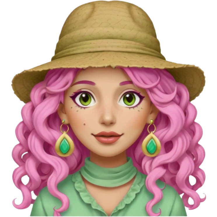 pink haired very long curly haired woman with full full face light green clay mask  and big earrings and hat with full face clay mask emoji