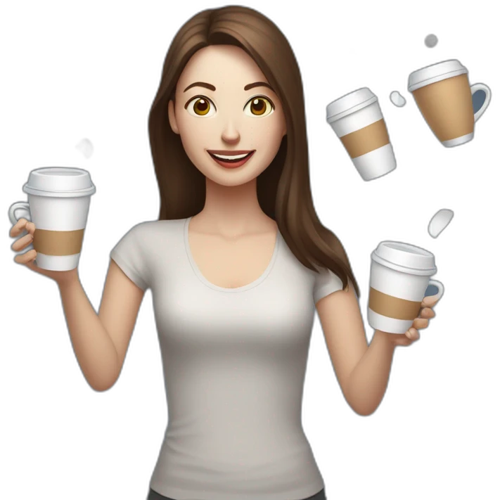 woman juggler with long straight brown hair and pale skin juggling three coffee cups and two miniature laptops in the air emoji