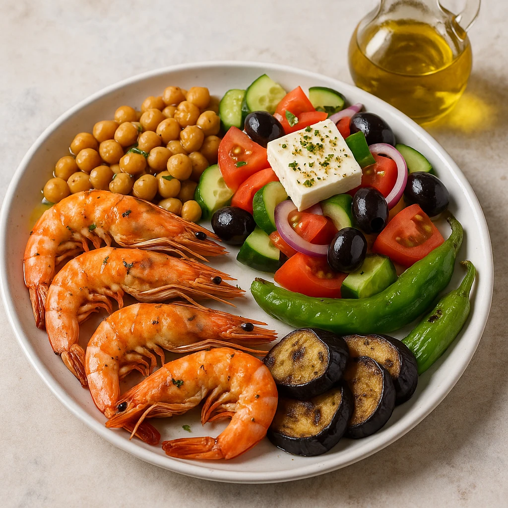realistic Mediterranean meal plate with seafood, vegetables, and olive oil, vibrant colors emoji