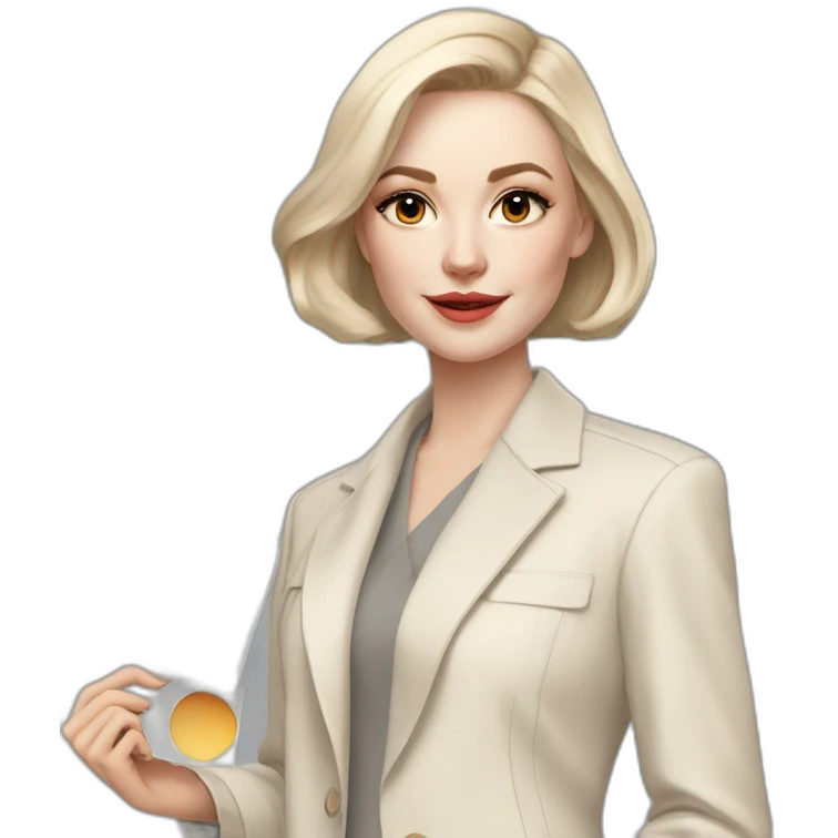 pale skin woman with ash blonde Straightened bob Hair, White Spacious classical jacket, beige palazzo Arrow pants and gray blouse holding a color palette in the hands emoji