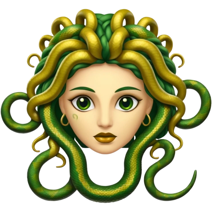 The Sicilian Medusa in gold and green and make the snake hair have snake faces  emoji
