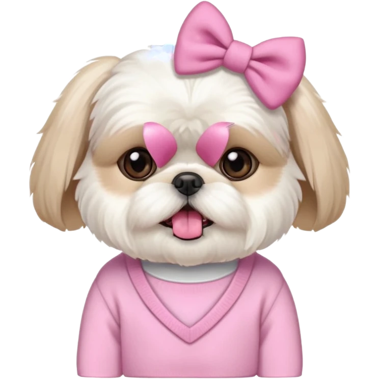 little all white shih tzu with pink bows & sweater tongue sticking out emoji