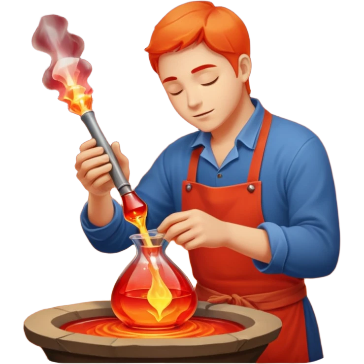 Glassblowing and casting icon, artisan shaping molten glass with a blowpipe, glass being poured into a mold, glowing red-hot glass, delicate patterns, minimalistic style, clean lines, transparent background. emoji