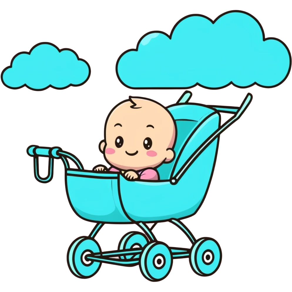 happy baby sitting in pink and beige stroller with pastel blue clouds decoration emoji