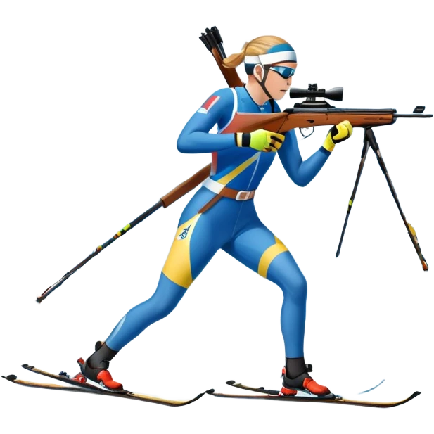 An icon featuring snow-covered trees, distant mountains, and a clear blue sky with a biathlete in motion, holding a rifle and skiing across a snowy course. Transparent background highlights the precision, endurance, and excitement of biathlon. emoji