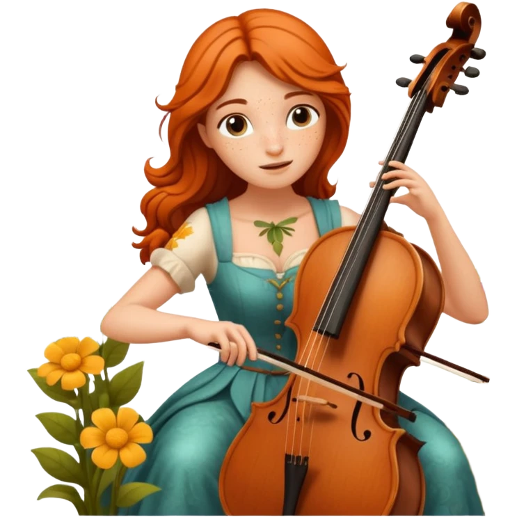 nature bard woman with freckles playing wooden cello among flowers emoji