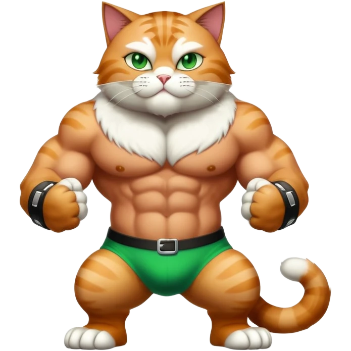 Buff Jacked up Huge jumbo Super Duper Muscular Cat with a 10 pack full body black and white body and green eyes  emoji
