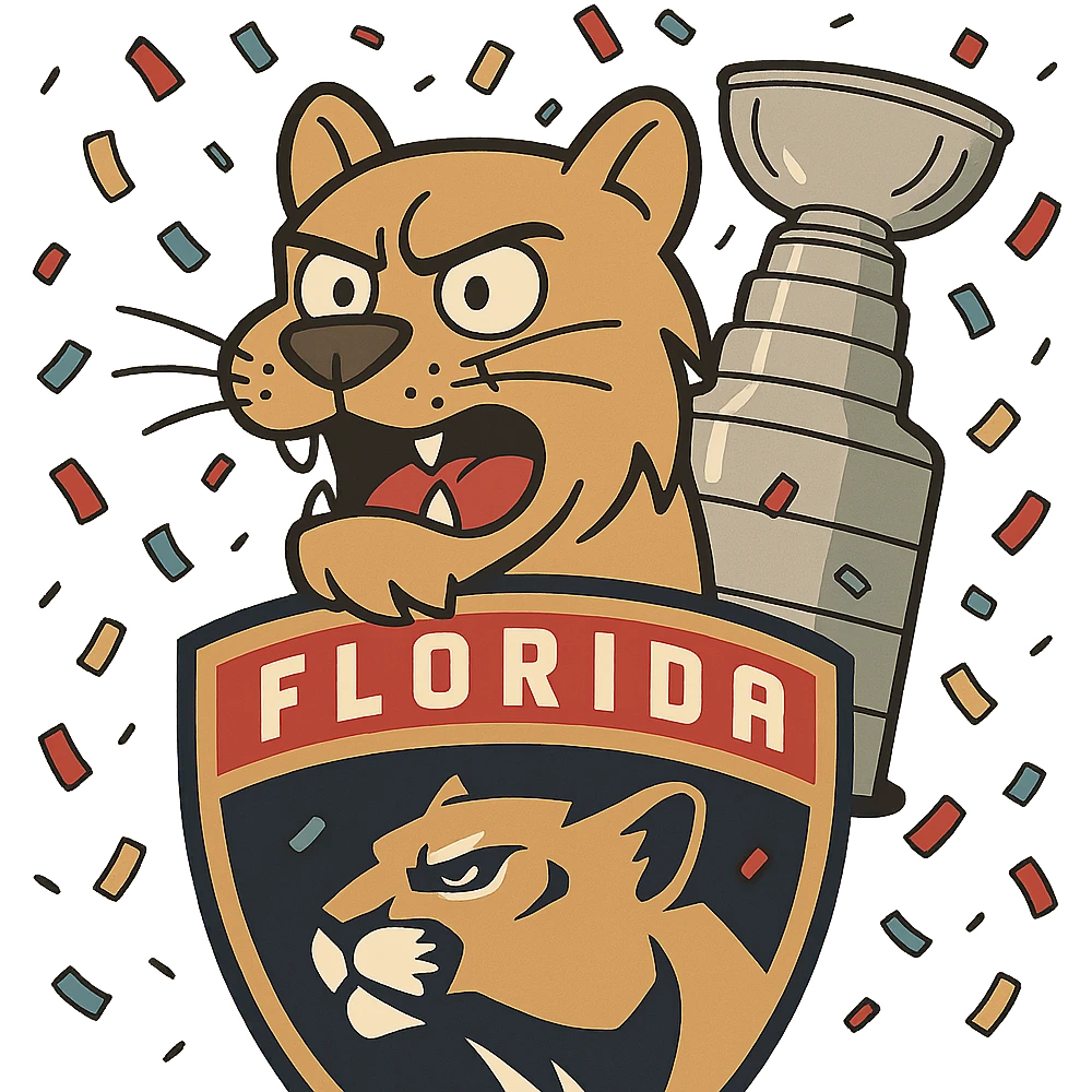 cartoon Florida Panthers logo with Stanley Cup confetti emoji