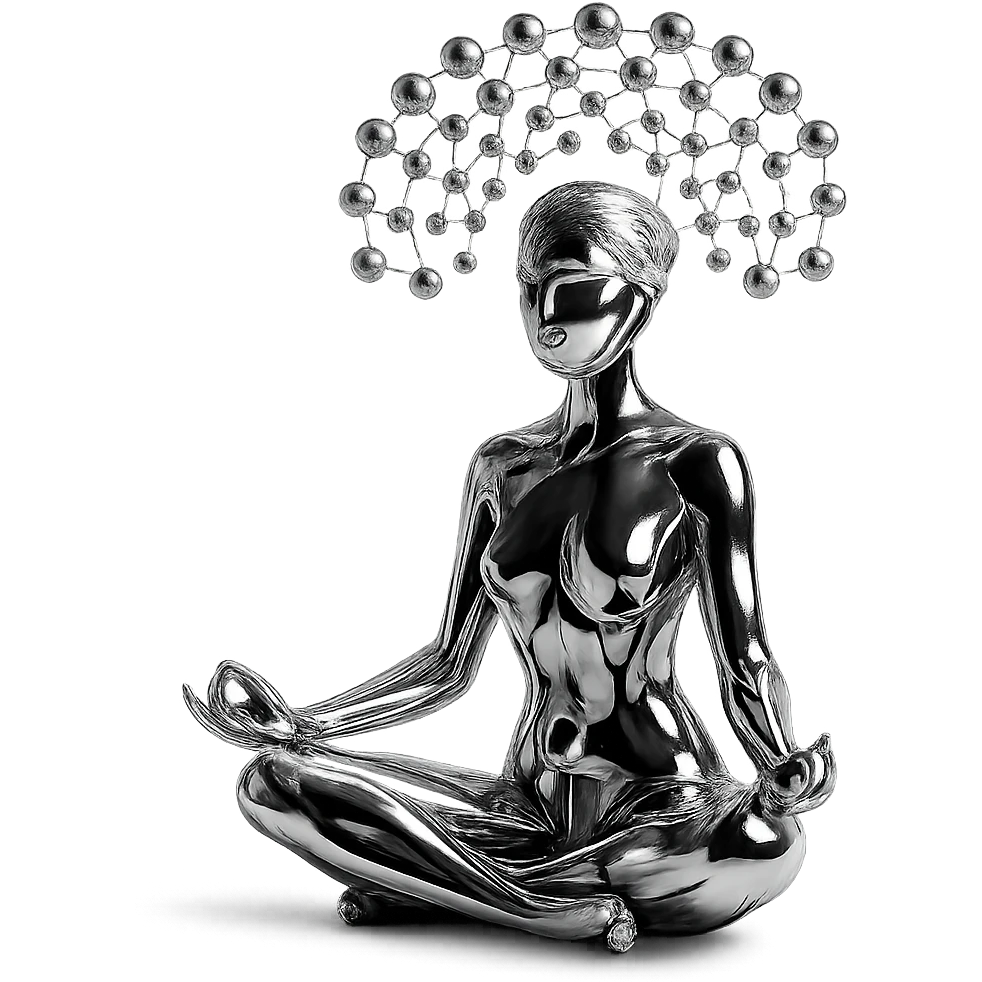 reflective chrome silhouette of a woman in the lotus position, meditating, with a pattern of floating metallic spheres above, arranged like a net emoji