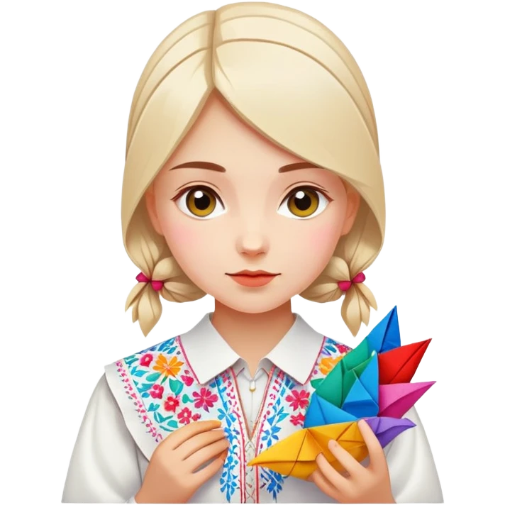 Ukrainian young girl in a white embroidered traditional shirt (vyshyvanka) holding colorful origami emoji