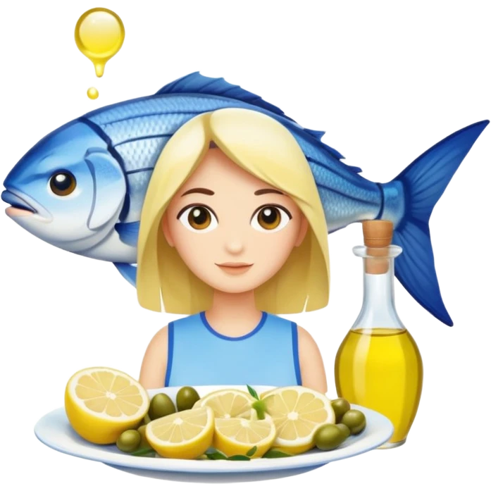 Mediterranean cuisine avatar in clean emoji-style illustration. Olive oil, fish, lemon, blue and sunny colors, light and fresh mood, flat design, high contrast. emoji