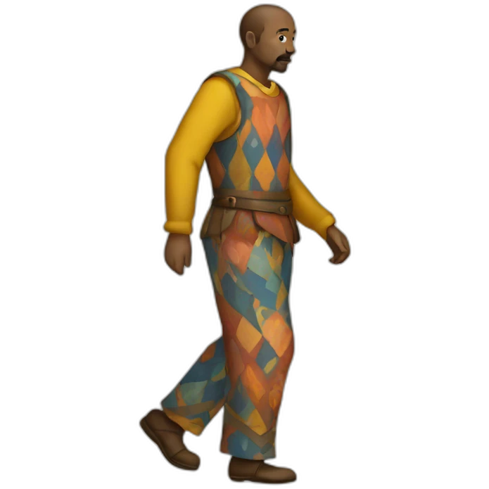 person wearing colorful pattern wide pants, walking, medieval emoji
