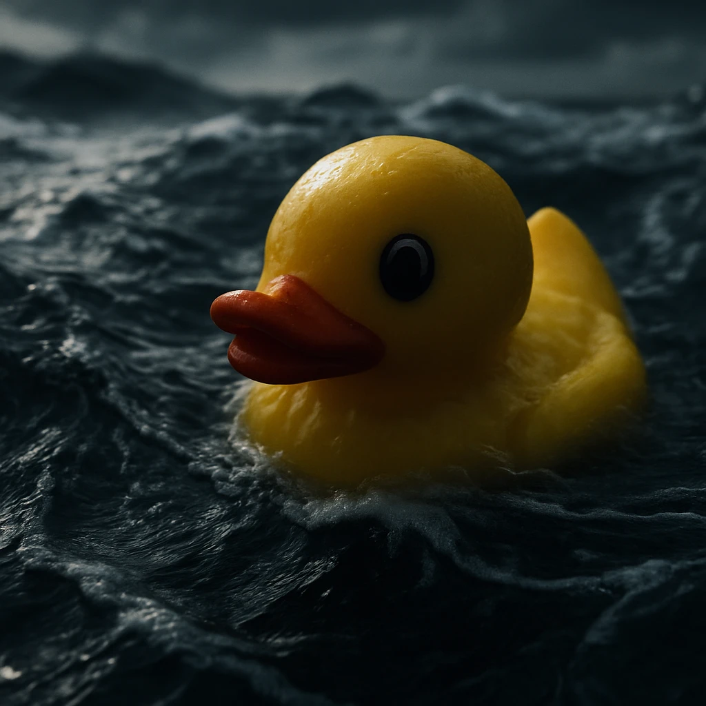 Extreme Closeup shot of Yellow duck toy on ocean during cloudy day, stormy sea, Camera from top, inspired by interstellar, shot by camera alexa 65, 35mm lens emoji