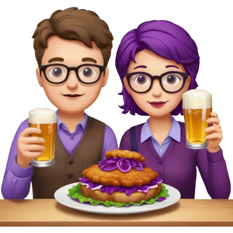 German man with glasses and woman with glasses eating schnitzel, red cabbage, potatoes, and drinking a beer emoji