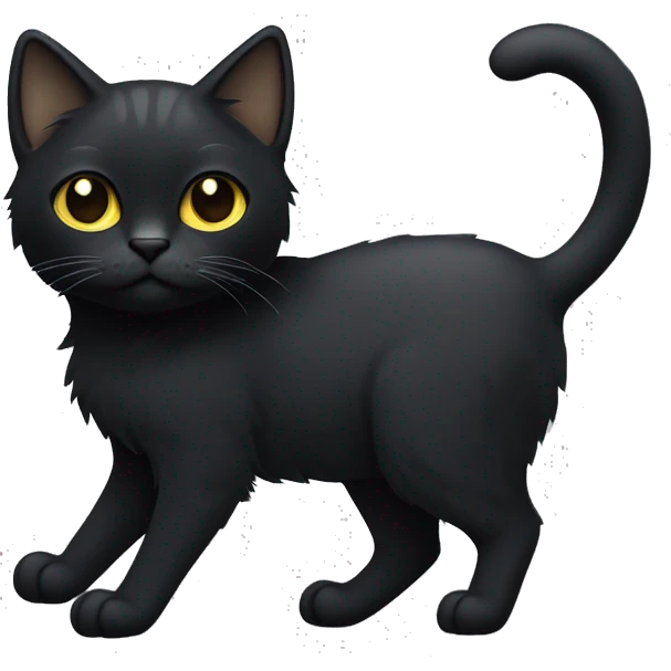 Full-body of a petite, solid black-furred cat with light yellow eyes, short fur, and small pointed ear tufts that blend into the black fur on the tips of its ears emoji