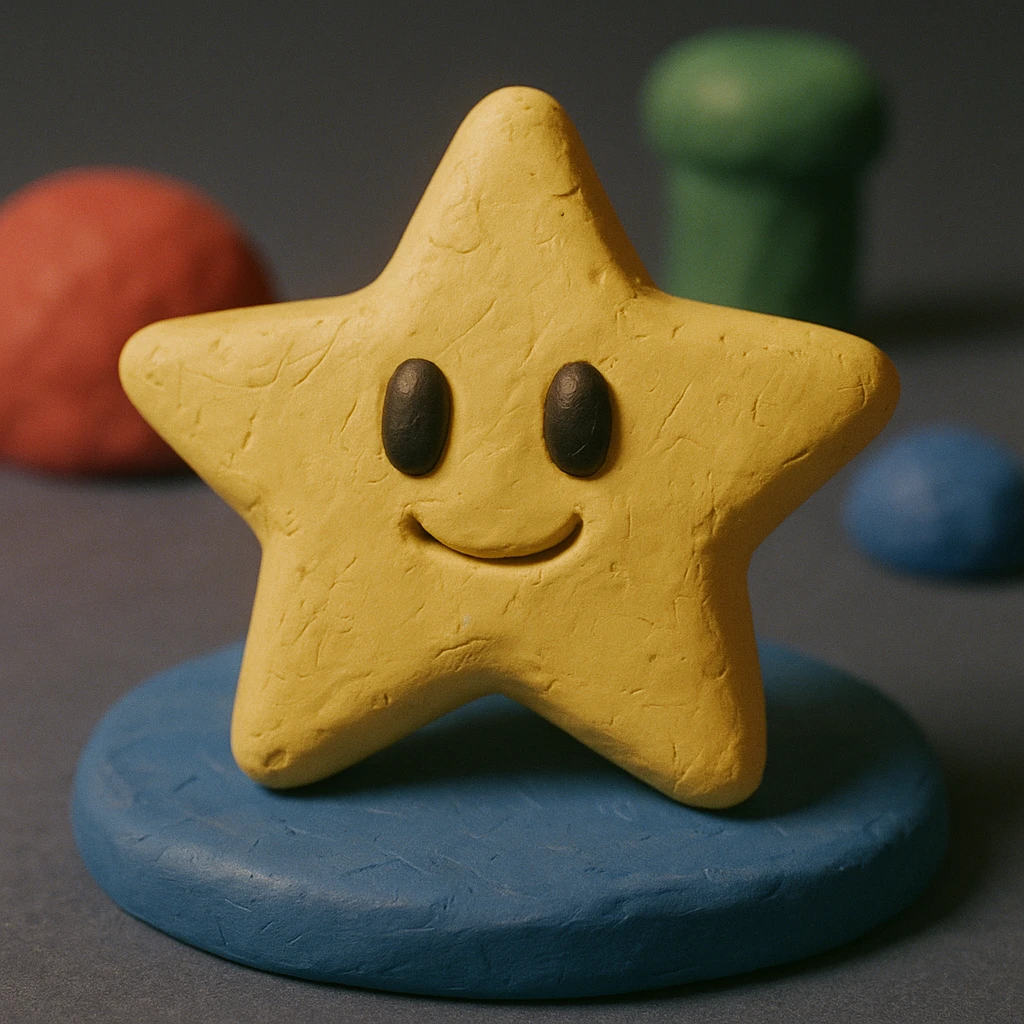 Mario star, matte plasticine texture, visible fingerprints, playful expression emoji