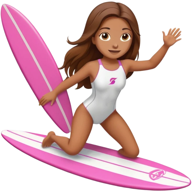 Girl with long brown hair surfing at pink short board in the white swimsuit  emoji